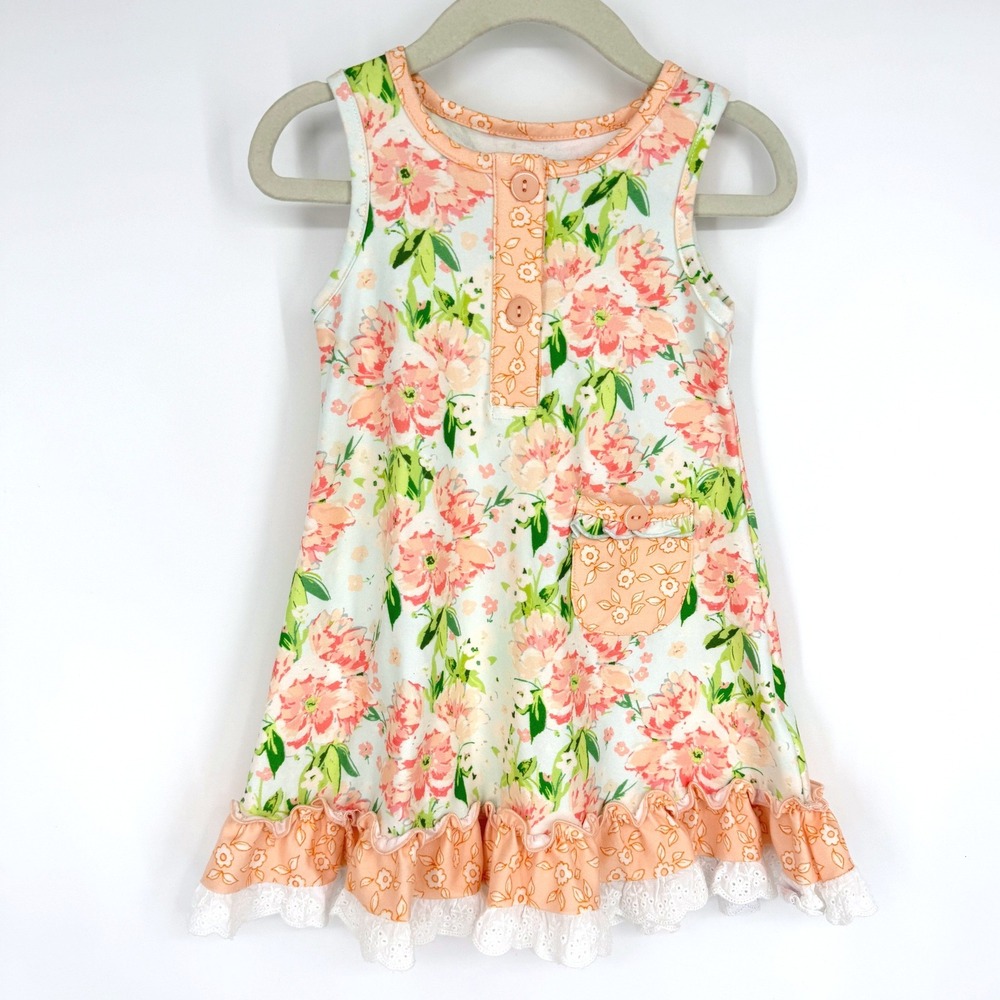 Sweethoney Girl's Peach Floral Sleeveless Dress Ruffles Sz 18 Months